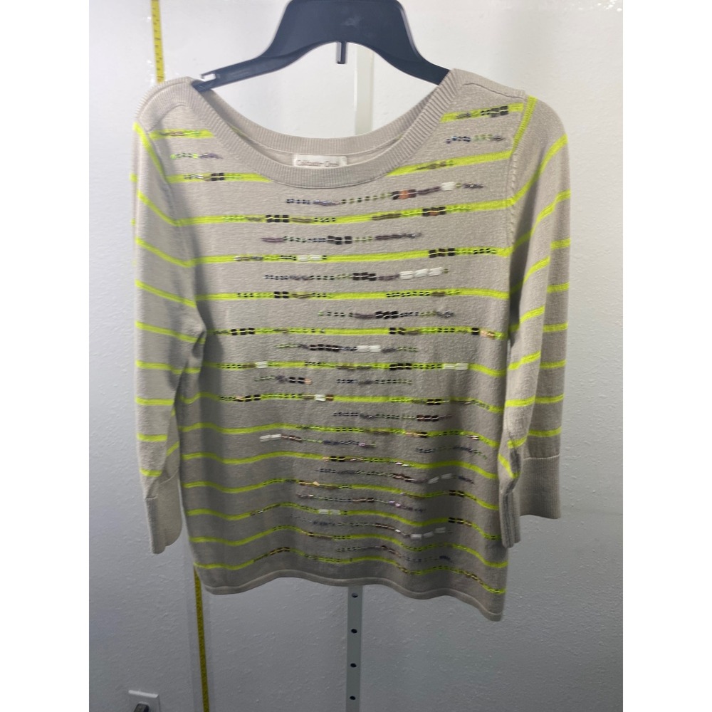 Coldwater Creek Striped Sequin Sweater Womens Small Taupe Neon Yellow 3/4 Sleeve
